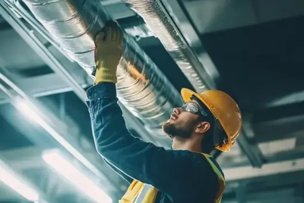 Worker wearing a yellow hard hat, safety goggles, gloves, and a high-visibility vest inspecting a large metallic air duct system mounted on the ceiling of an industrial or commercial building. The worker reaches upward to examine or adjust the ductwork, emphasizing HVAC system maintenance and adherence to safety protocols
