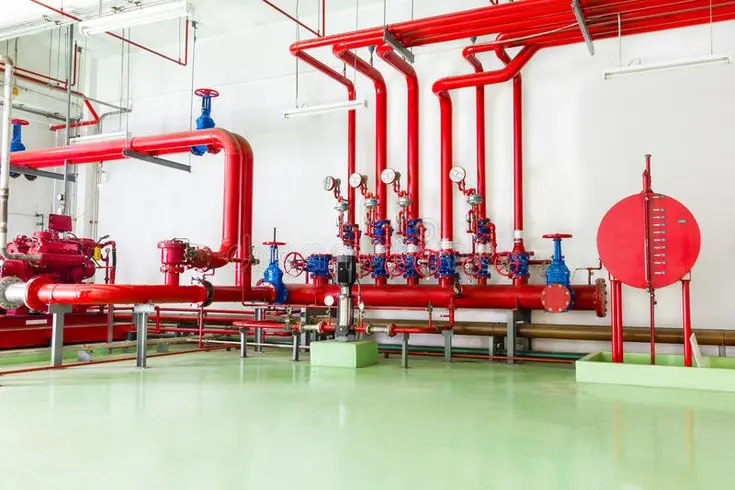Industrial fire protection system featuring red-painted pipes, blue-handled valves, pressure gauges, and a large red tank with a vertical sight glass, installed in a clean facility with green flooring and white walls