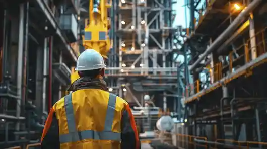 MEP company in qatar
A high-angle shot from behind a construction worker wearing a white safety helmet and a yellow and orange safety vest. They are walking through a complex industrial or construction site, likely a power plant or processing facility, filled with metal pipes, scaffolding, and structural beams. The background is blurred, emphasizing the depth and the scale of the facility. The lighting suggests an overcast or interior setting.