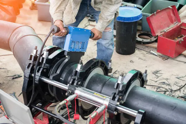 hdpe piping services-markline trading & services qatar Person using a pipe fusion machine to join two large black polyethylene pipes in a workshop setting, with tools and containers in the background.