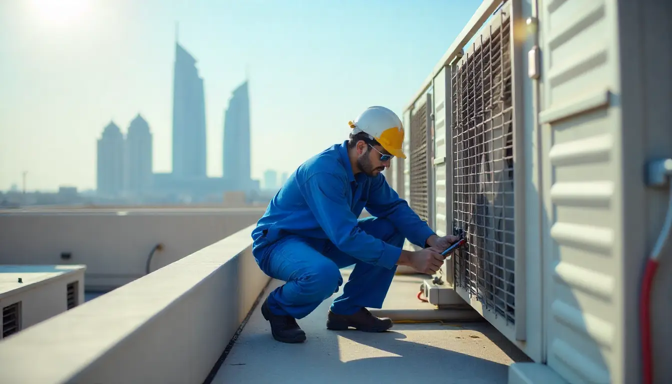 hvac services in qatar-markline trading & company Maintenance worker in blue coveralls and a white-and-yellow safety helmet crouched beside a rooftop HVAC unit, inspecting it with a tool, against a backdrop of modern skyscrapers in an urban cityscape.