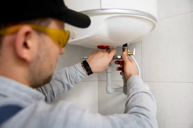 makline -sanitary intallation Person wearing safety glasses and a cap, using tools to adjust plumbing connections beneath a wall-mounted water heater in a tiled room.