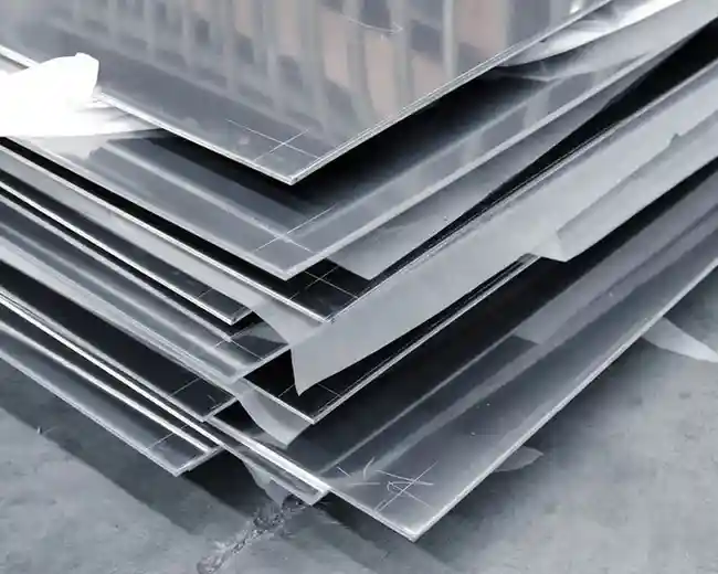 Stack of transparent acrylic or polycarbonate sheets with smooth surfaces, neatly arranged and marked for cutting or alignment in an industrial setting.
