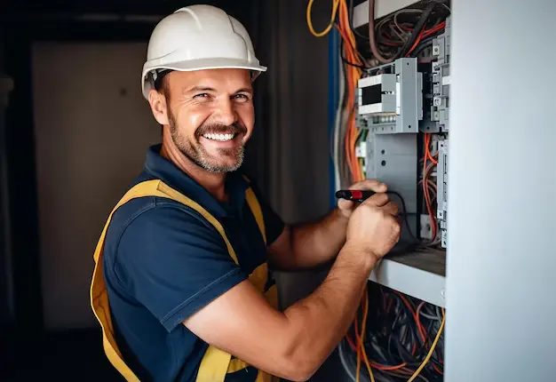 Electricians in qatar-markline trading & contracting <br />
A man wearing a white safety helmet, safety goggles, and yellow work gloves is intently working on an electrical panel. He is focused on connecting or adjusting wires and components within the open panel. The scene suggests a professional electrician or maintenance worker performing a task in an industrial or commercial setting