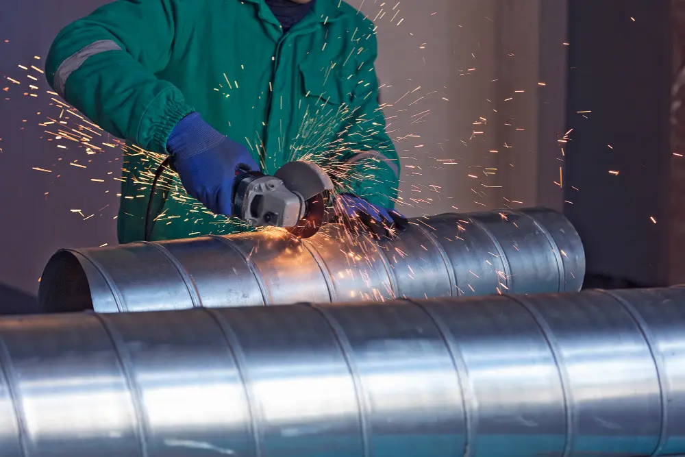 <br />
A person wearing a green uniform and blue gloves is using an angle grinder to cut or shape a section of metal ductwork (possibly galvanized steel), creating a bright shower of sparks.